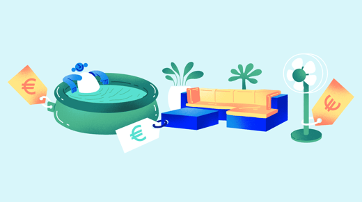 Illustration of a person in an inflatable pool next to a sofa and an electric fan