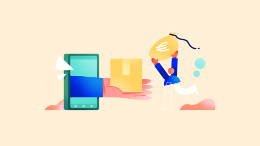 Illustration of a hand giving a package to a person with a big money bag
