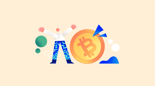 Ilustración de una persona junto a una moneda Bitcoin gigante