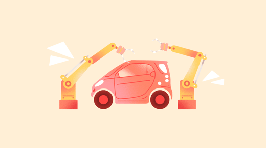 Illustration of two robotic arms working on a car