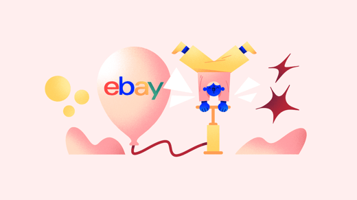 Illustration of a person inflating a ballon with eBay logo on it