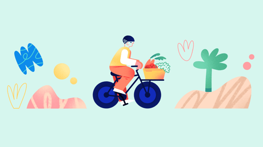 Illustration of a person riding a bike with a basket full of vegetables