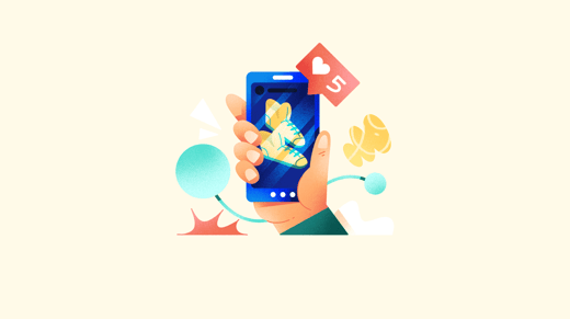 Illustration of a hand holding a smartphone with a Likes notification 
