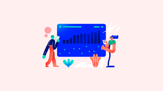 Illustration of two people looking at a screen with some graphs