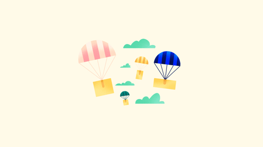 Paquetes cayendo del cielo en paracaídas