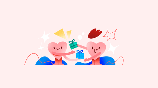 Illustration of two smiling hearts exchanging gifts