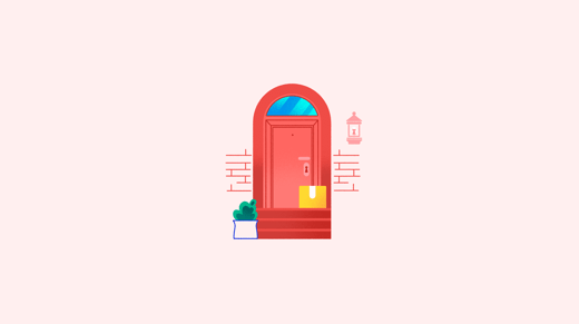 Ilustración de un paquete delante de la puerta de una casa