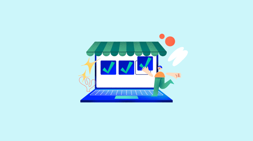 Ilustración de una persona junto a una tienda online en un portátil