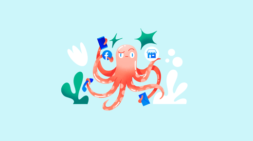 Illustration of an octopus holding several social media icons