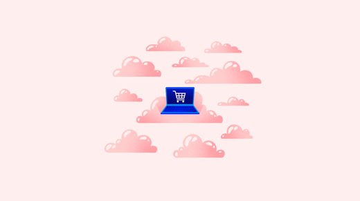 A laptop with an ecommerce cart icon on its screen among the clouds