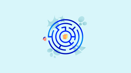 Labyrinth with a package on its center and a human face on the beginning