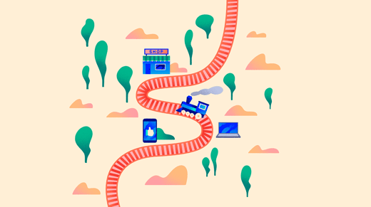 Ilustración de un mapa con vía de tren, una tienda, un ordenador y un móvil