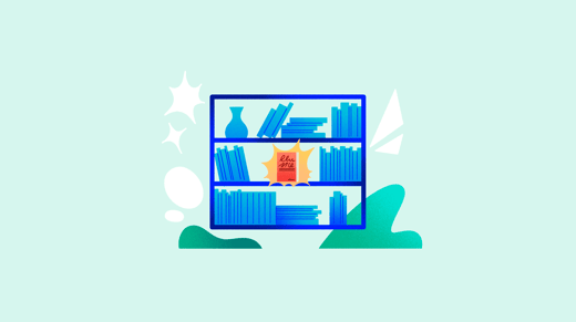 Illustration of some shelves where everything is blue except for a highlighted catalog