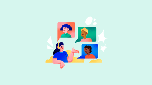 Ilustración de una persona de atención al cliente hablando con otras tres personas