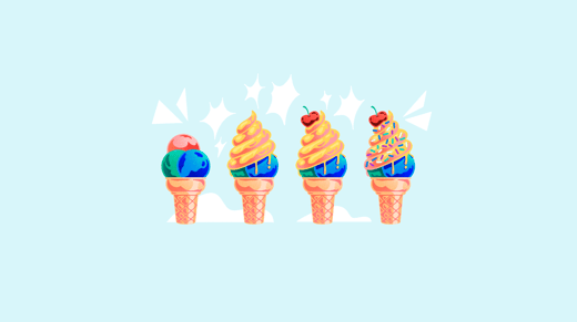 Ilustración de cuatro helados con diferentes toppings