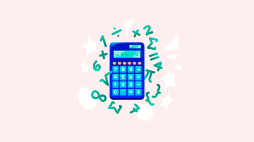 Ilustración de una calculadora rodeada de símbolos matemáticos