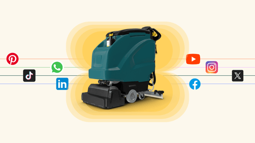 Image showcasing a floor-cleaning machine in the center with a yellow glow radiating outward. Surrounding the machine are logos of various social media platforms, including Pinterest, TikTok, WhatsApp, LinkedIn, YouTube, Instagram, X (Twitter), and Facebook, connected by colorful lines. The background is a light beige tone.