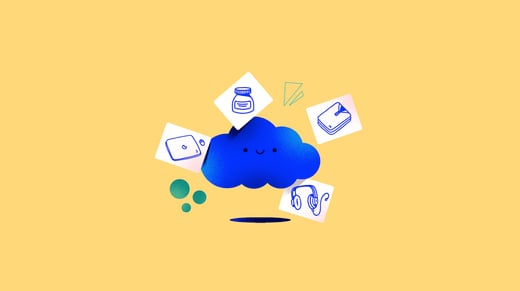 Ilustración de una nube azul rodeada de iconos de productos