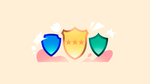 Tres escudos azul, amarillo y verde con estrellas de reseñas