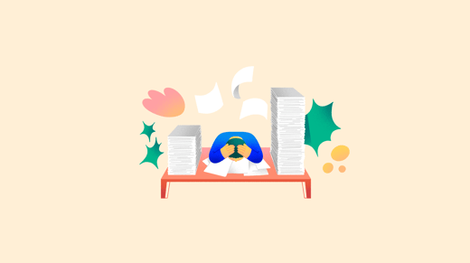 Illustration of a person in a desk overwhelmed by lots of documents