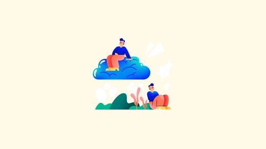 Ilustración de una persona sentada en una nube y otra sentada en el suelo