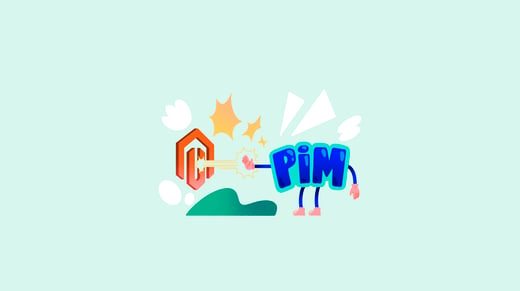 Ilustración de la palabra PIM conectándose con el logo de Magento