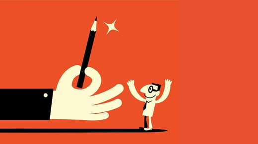 Ilustración de una mano gigante ofreciendo un lápiz a una persona