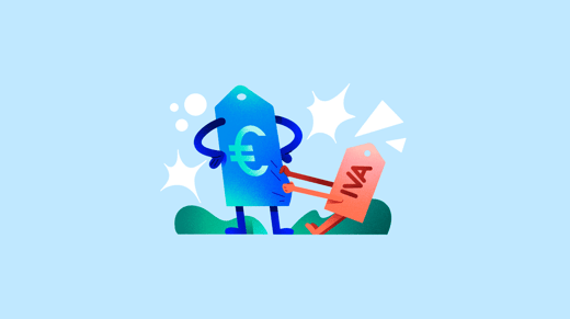 Ilustración de etiquetas de precio y IVA sobre fondo azul